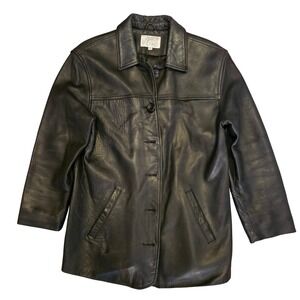 VTG John Michael Black Leather Jacket Button Front 3/4 Sleeve Blazer‎ Medium